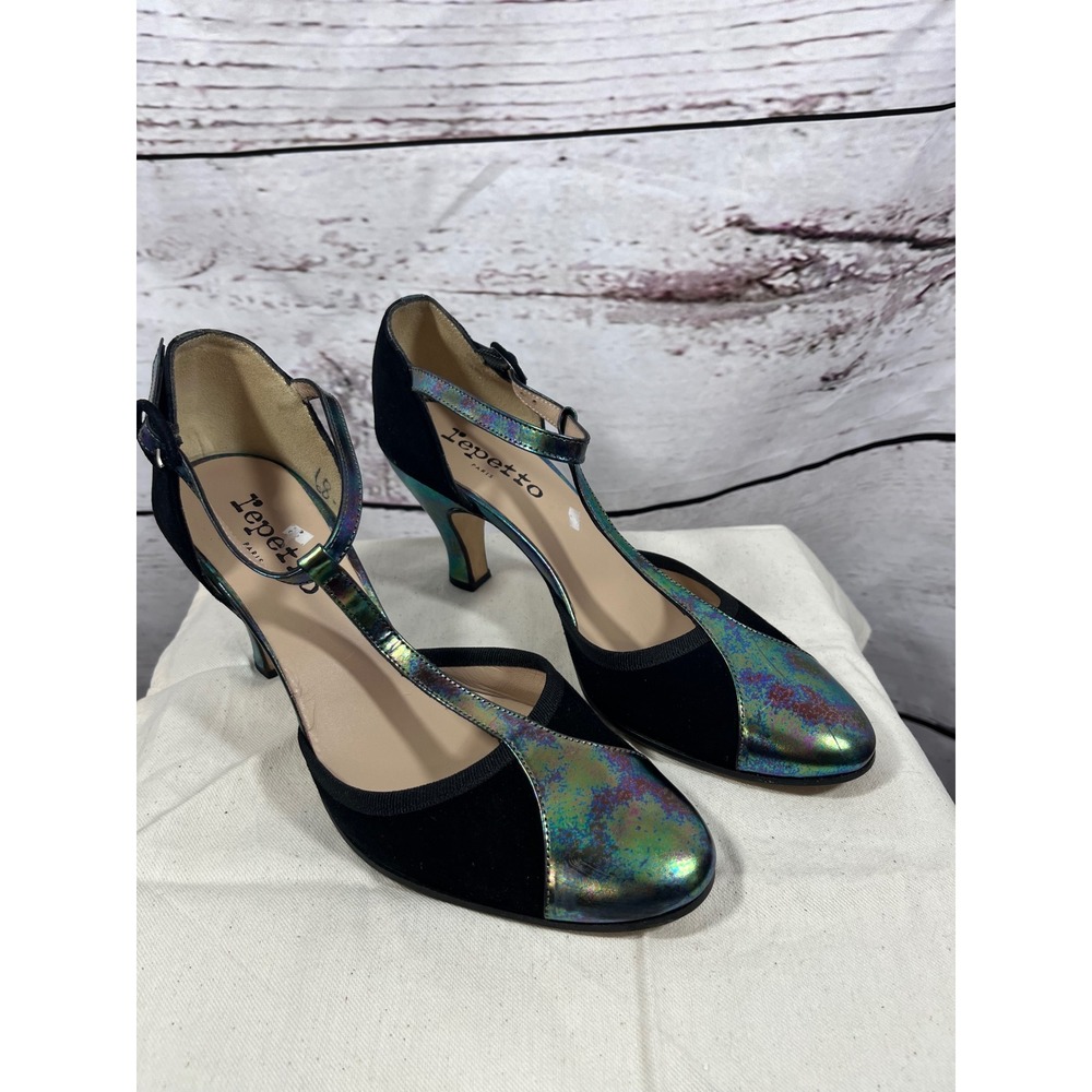 Repetto Paris T Strap Heels Iridescent Black Suede Women's Size 7